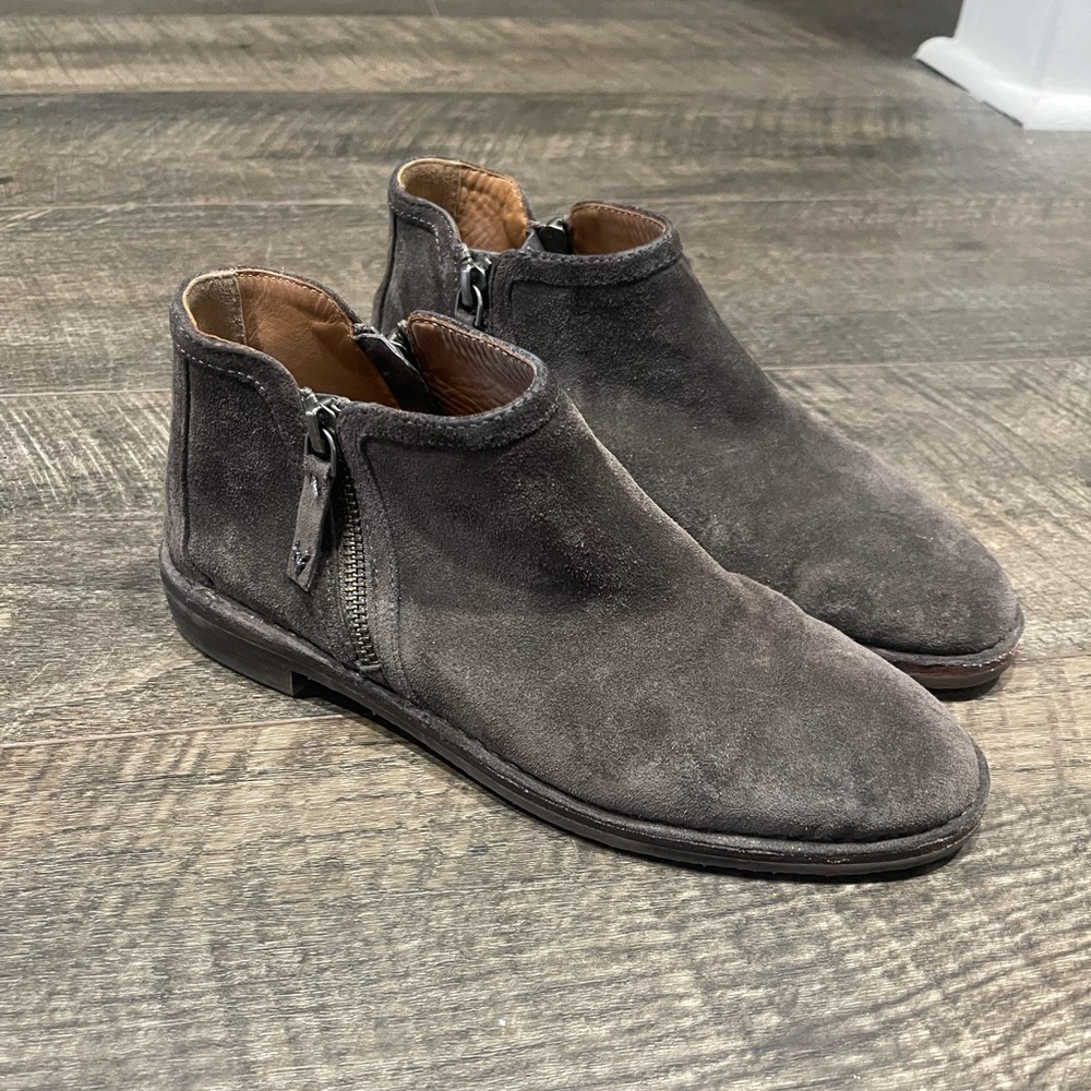 Trask Aubrey Grey Suede Double Zipper Ankle Bootie